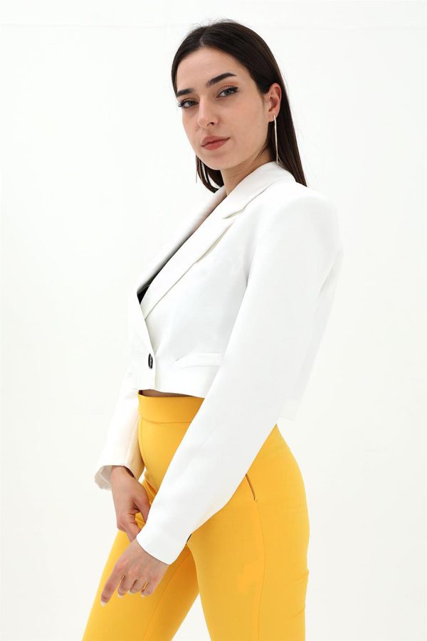Çift Peto Cepli Kısa Crop Blazer Ceket - Ekru - Görsel 2