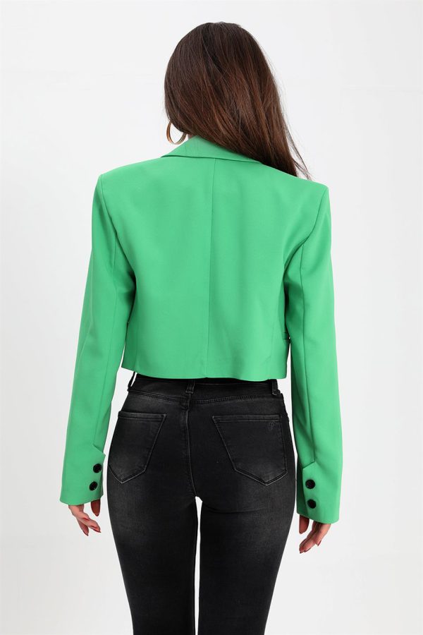 Çift Peto Cepli Kısa Crop Blazer Ceket - Yeşil - Görsel 5