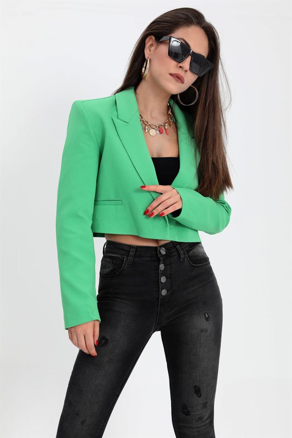 Çift Peto Cepli Kısa Crop Blazer Ceket - Yeşil - Görsel 3