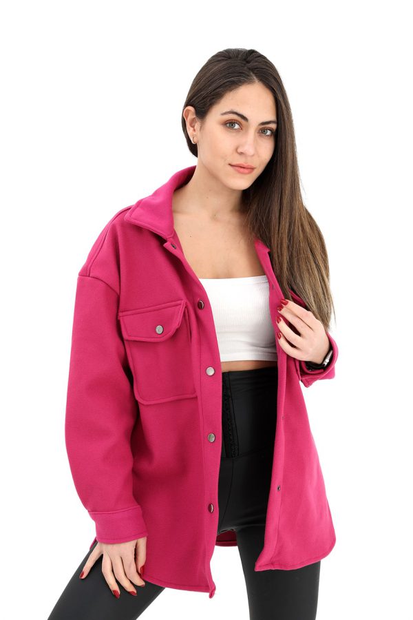 Çıtçıtlı Cepli Kaşe Gömlek Ceket - Fuşya - Görsel 3