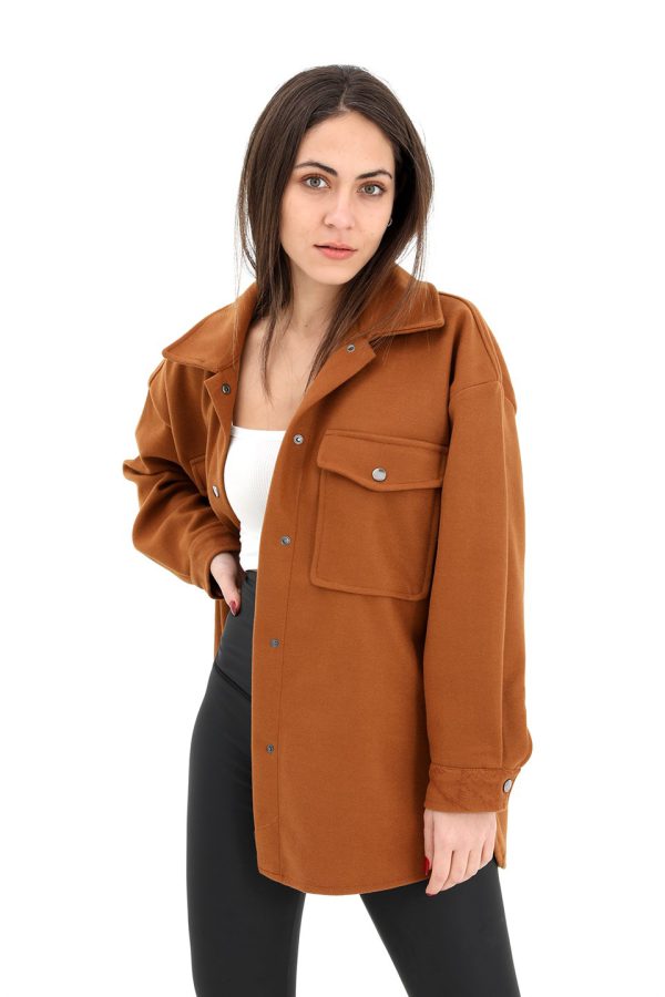 Çıtçıtlı Cepli Kaşe Gömlek Ceket - Kahverengi - Görsel 3