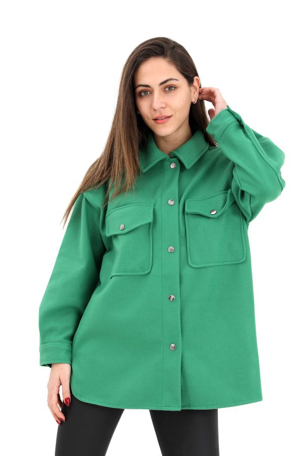 Çıtçıtlı Cepli Kaşe Gömlek Ceket - Yeşil - Görsel 3