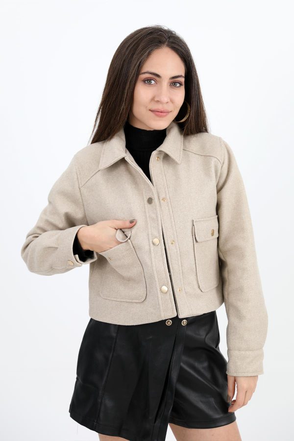 Çıtçıtlı Melanjlı Kısa Ceket - Taş - Görsel 4