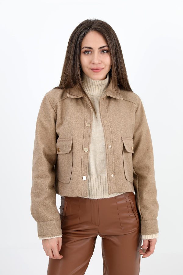 Çıtçıtlı Melanjlı Kısa Ceket - Vizon