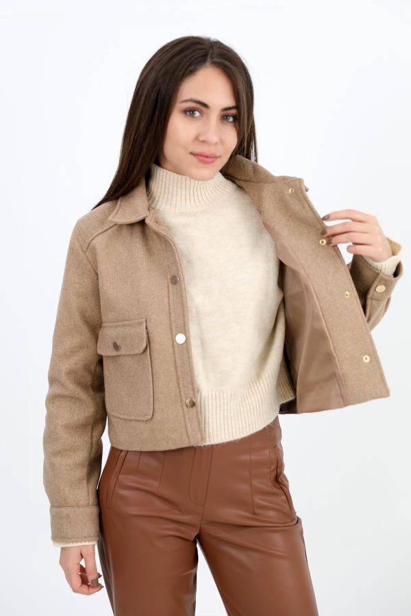 Çıtçıtlı Melanjlı Kısa Ceket - Vizon - Görsel 3