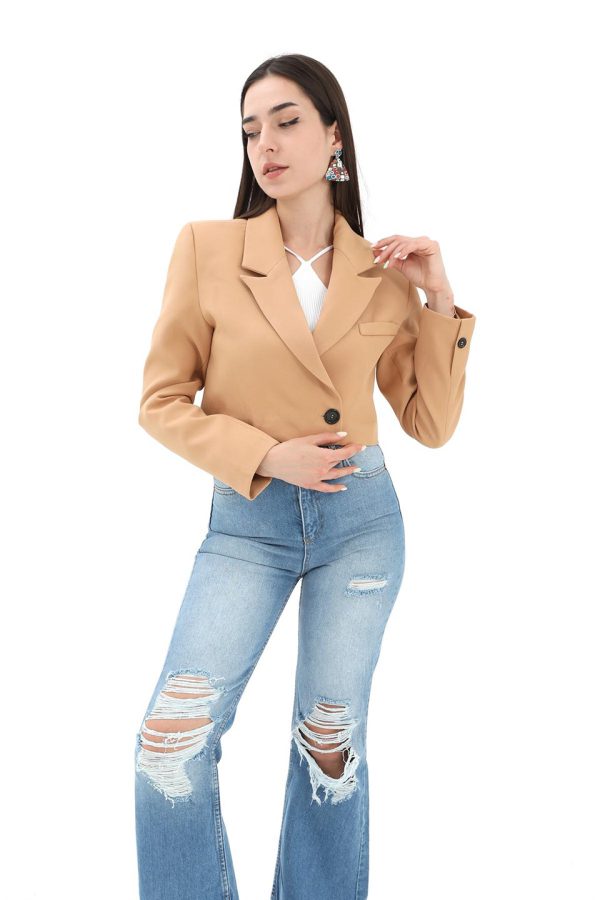 Crop Blazer Kısa Ceket - Camel - Görsel 4