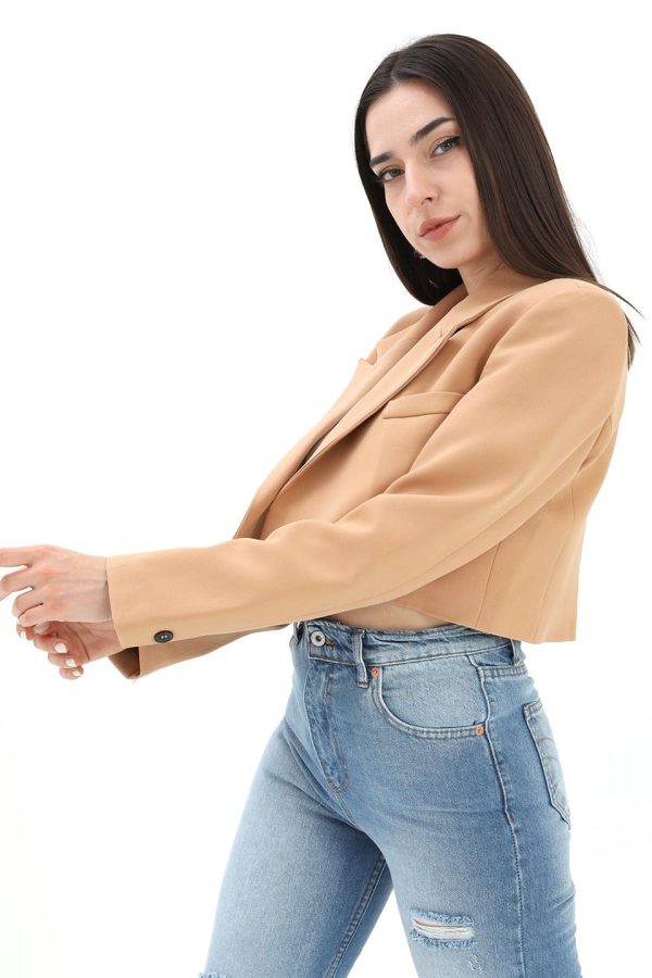 Crop Blazer Kısa Ceket - Camel - Görsel 5