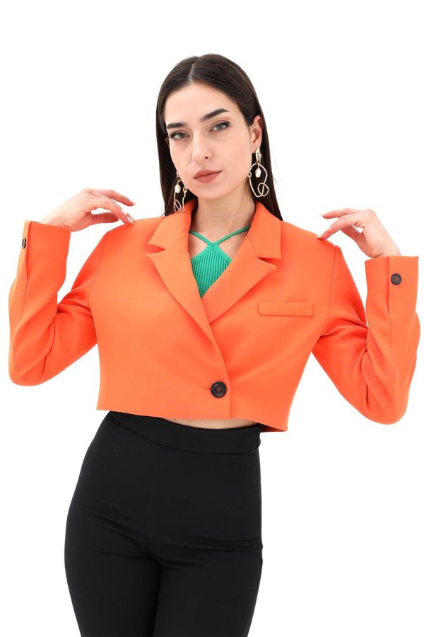 Crop Blazer Kısa Ceket - Turuncu - Görsel 6