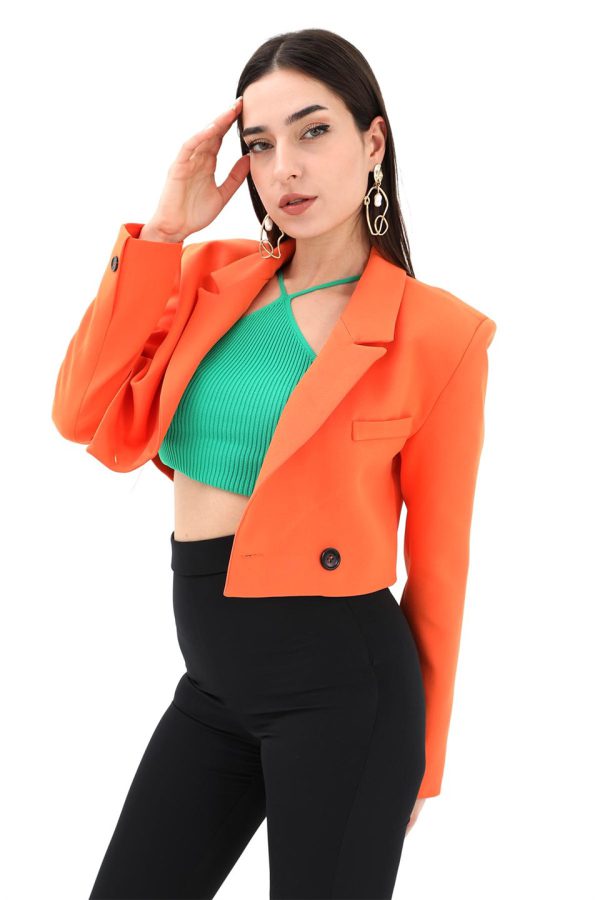 Crop Blazer Kısa Ceket - Turuncu - Görsel 4