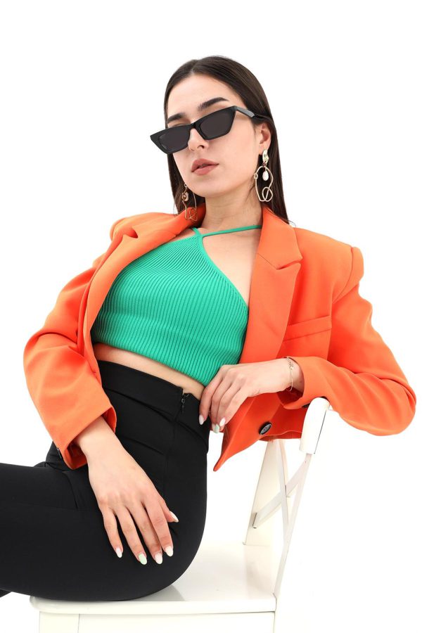 Crop Blazer Kısa Ceket - Turuncu - Görsel 2