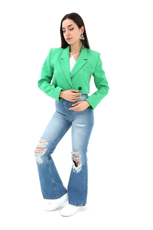 Crop Blazer Kısa Ceket - Yeşil - Görsel 4