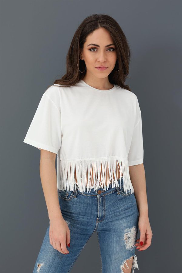 Crop T-shirt Bisiklet Yaka Eteği Püsküllü - Ekru - Görsel 2