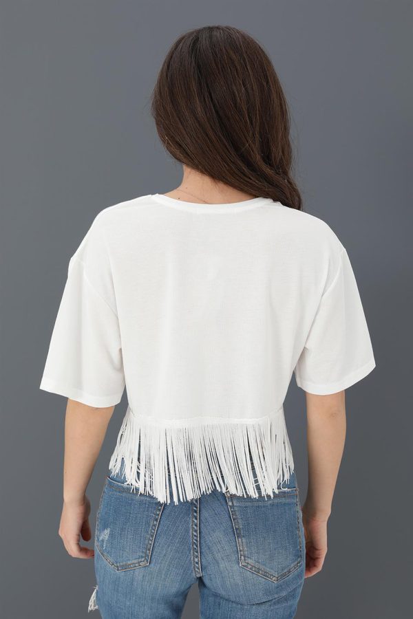 Crop T-shirt Bisiklet Yaka Eteği Püsküllü - Ekru - Görsel 3