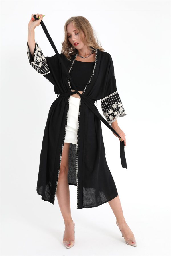 Dantelli Keten Kimono - Siyah - Görsel 2