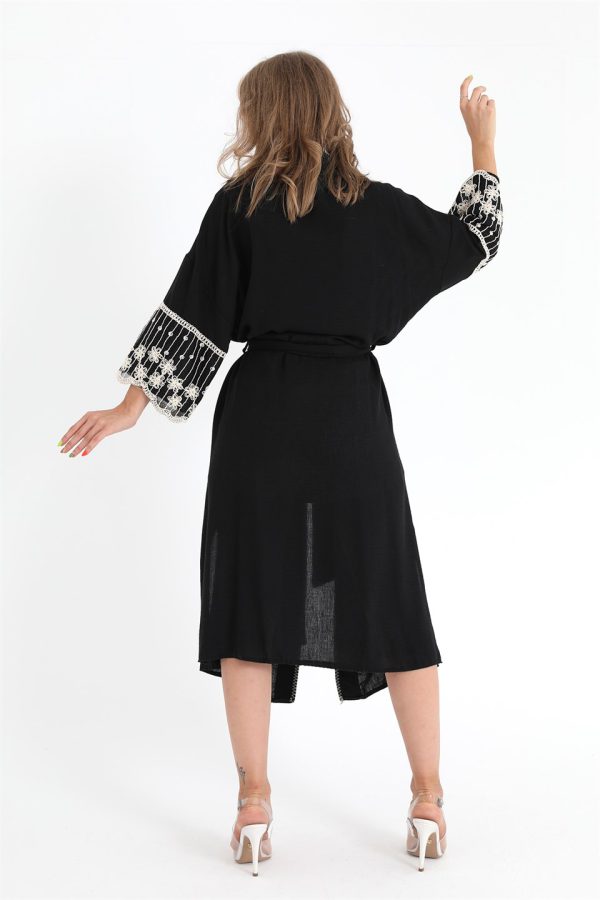 Dantelli Keten Kimono - Siyah - Görsel 6