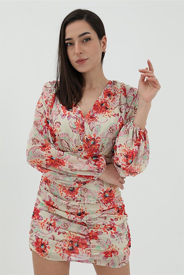 Drape Detaylı Şifon Elbise - Ekru - Görsel 5