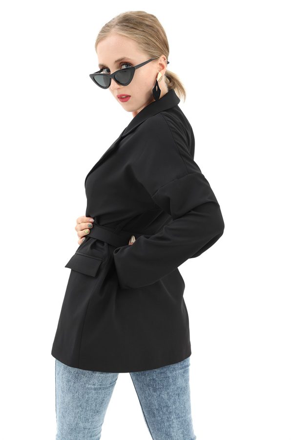 Düşük Omuz Kemerli Atlas Kumaş Blazer Ceket - Siyah - Görsel 5