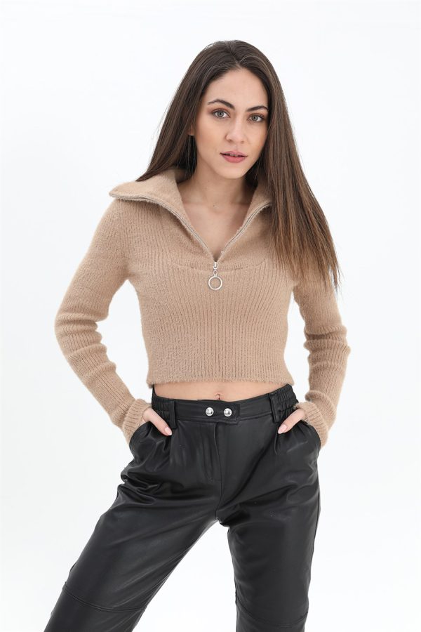 Fermuarlı Fitilli Triko Kazak - Camel - Görsel 3