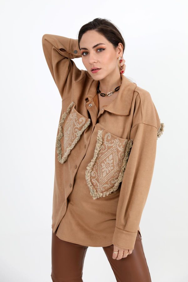 Gömlek Cebi Püsküllü Nakışlı Süet - Camel - Görsel 5