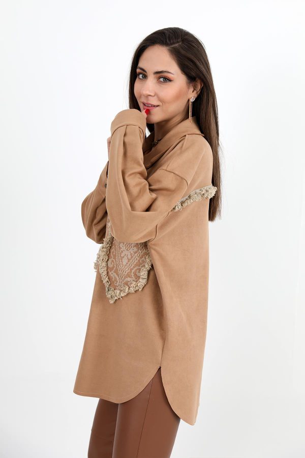 Gömlek Cebi Püsküllü Nakışlı Süet - Camel - Görsel 6
