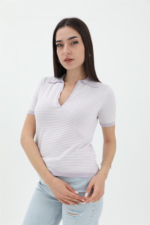 İnce Çizgili Polo Yaka Triko Kazak - Lila - Görsel 2