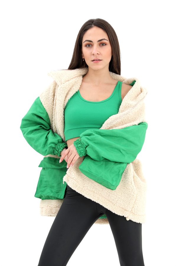 Kapitoneli Nakışlı Peluş Mont - Yeşil - Görsel 4