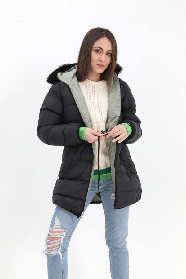 Kapüşonlu İki Tarafı Farklı Model Şişme Mont - Yeşil - Görsel 2