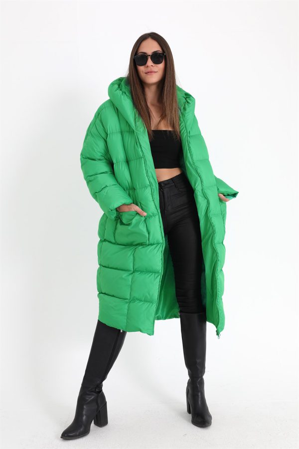 Kapüşonlu Uzun Oversize Şişme Kadın Mont - Açık Yeşil - Görsel 6