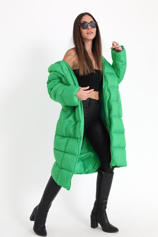 Kapüşonlu Uzun Oversize Şişme Kadın Mont - Açık Yeşil - Görsel 4
