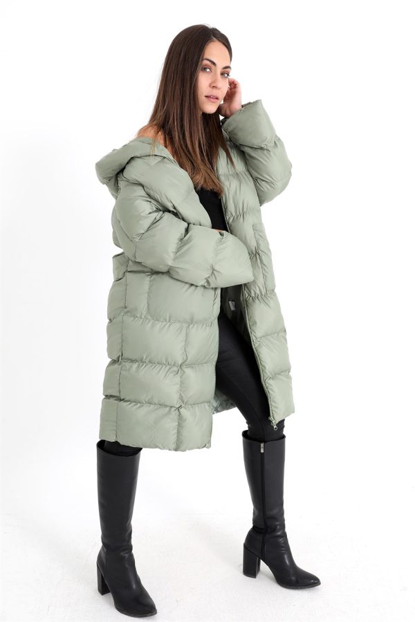 Kapüşonlu Uzun Oversize Şişme Kadın Mont - CamGöbeği - Görsel 5