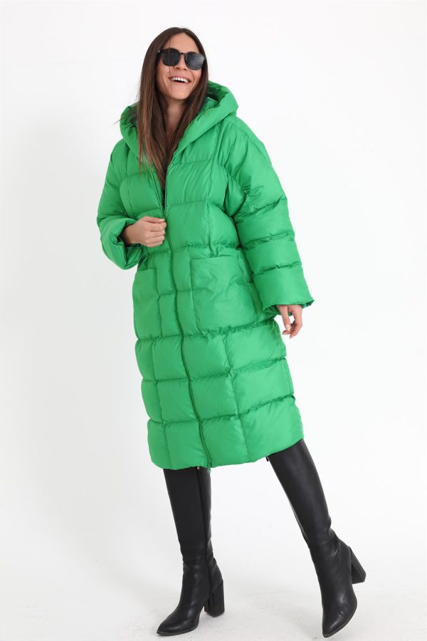 Kapüşonlu Uzun Oversize Şişme Kadın Mont - Açık Yeşil - Görsel 2