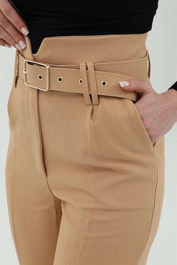 Kemerli Atlas Kumaş Pantolon - Camel - Görsel 4