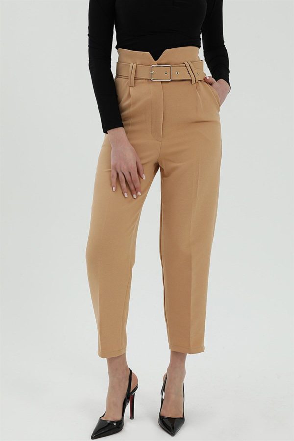 Kemerli Atlas Kumaş Pantolon - Camel - Görsel 3
