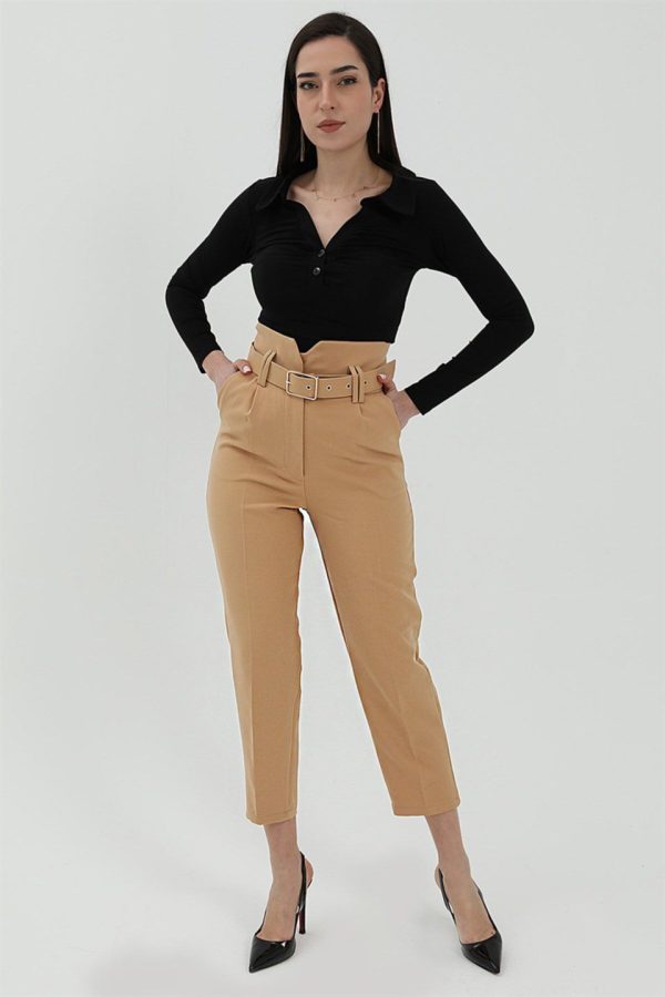 Kemerli Atlas Kumaş Pantolon - Camel - Görsel 2