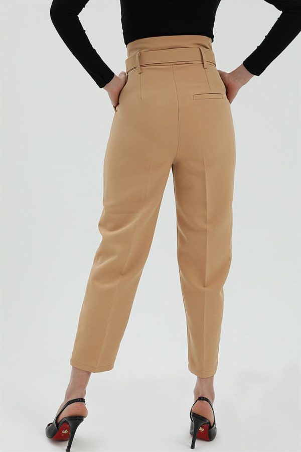 Kemerli Atlas Kumaş Pantolon - Camel - Görsel 5