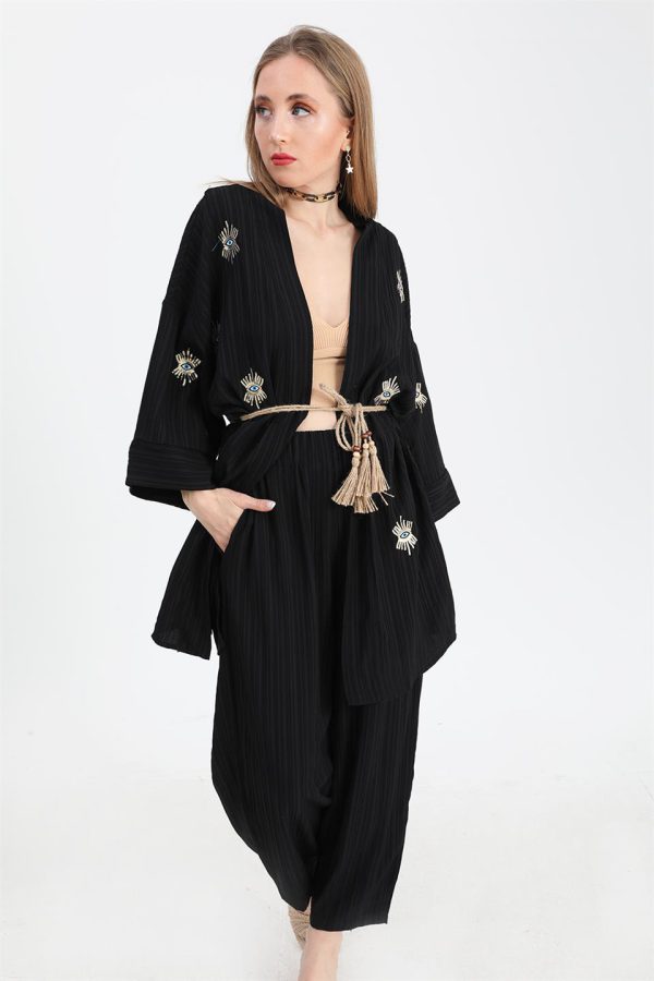 Keten Kimono Takım Göz Nakışlı - Siyah - Görsel 3