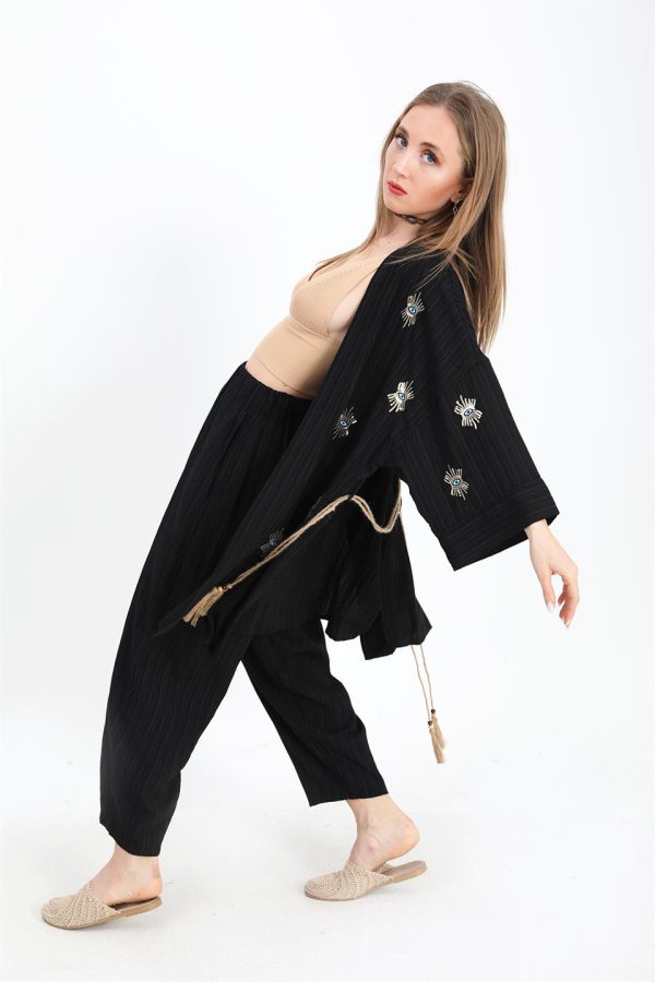 Keten Kimono Takım Göz Nakışlı - Siyah - Görsel 2