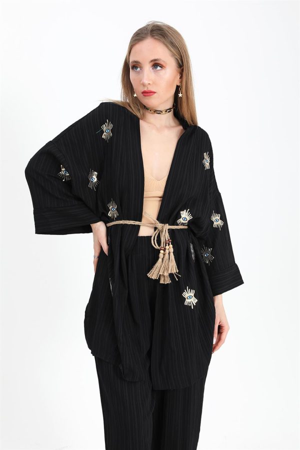 Keten Kimono Takım Göz Nakışlı - Siyah - Görsel 4