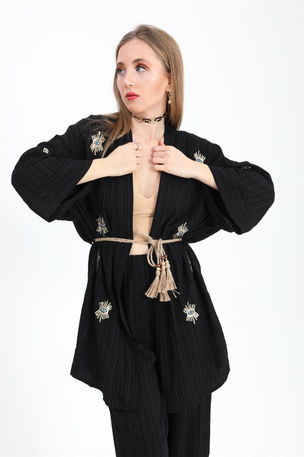 Keten Kimono Takım Göz Nakışlı - Siyah - Görsel 5