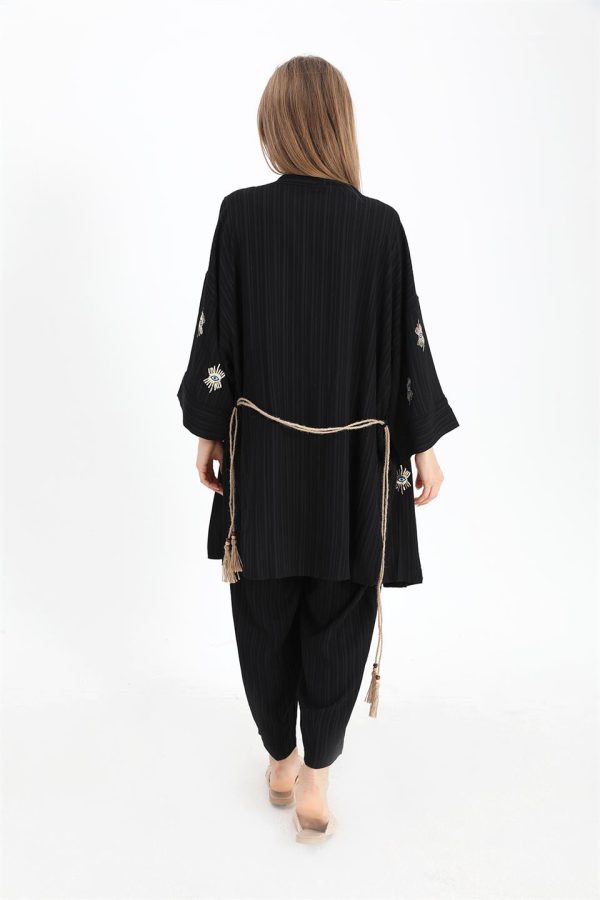Keten Kimono Takım Göz Nakışlı - Siyah - Görsel 6