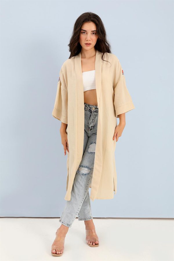 Kimono Arkası Baskılı Püsküllü Keten - Bej