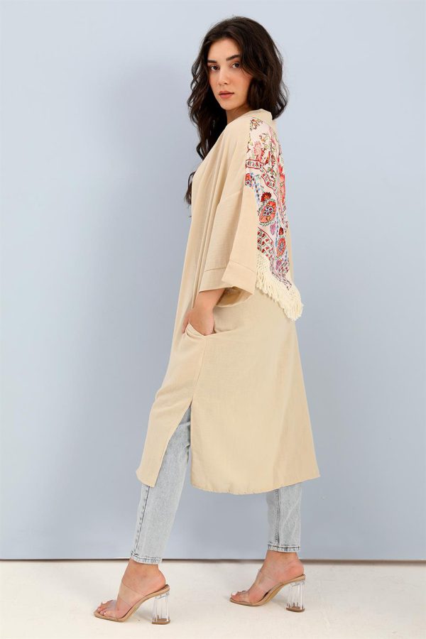 Kimono Arkası Baskılı Püsküllü Keten - Bej - Görsel 3