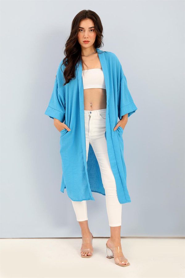 Kimono Arkası Baskılı Püsküllü Keten - Mavi - Görsel 3