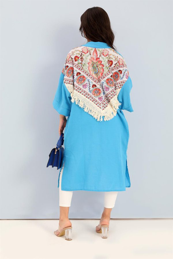 Kimono Arkası Baskılı Püsküllü Keten - Mavi - Görsel 4