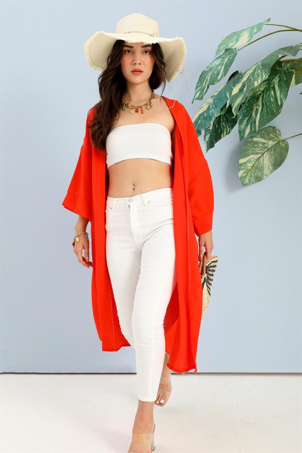 Kimono Arkası Baskılı Püsküllü Keten - Turuncu