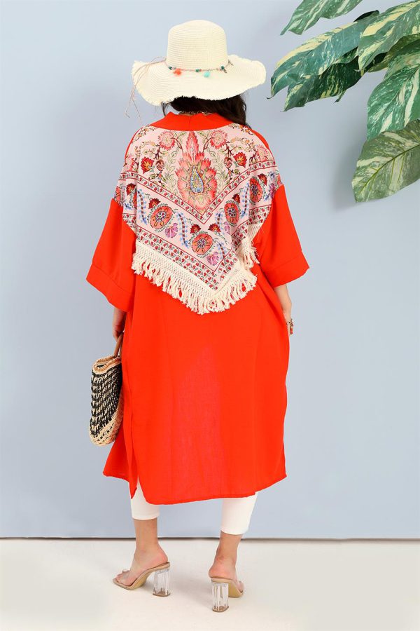 Kimono Arkası Baskılı Püsküllü Keten - Turuncu - Görsel 5