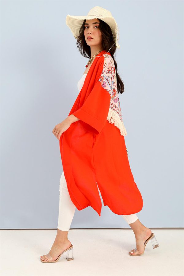 Kimono Arkası Baskılı Püsküllü Keten - Turuncu - Görsel 3