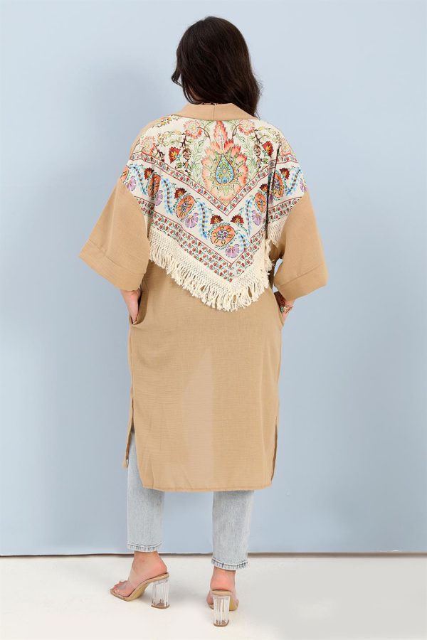 Kimono Arkası Baskılı Püsküllü Keten - Vizon - Görsel 3