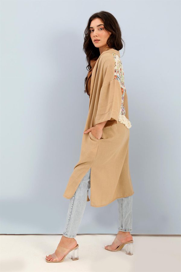 Kimono Arkası Baskılı Püsküllü Keten - Vizon - Görsel 2