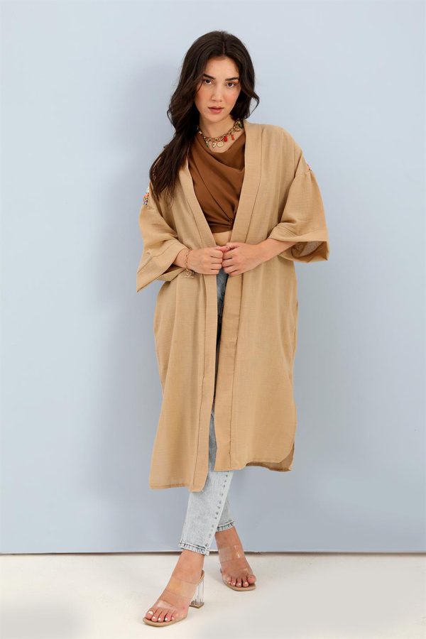 Kimono Arkası Baskılı Püsküllü Keten - Vizon